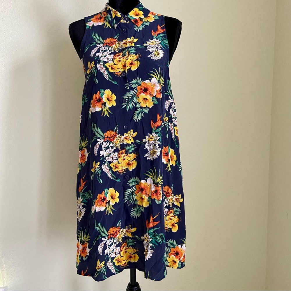 EQUIPMENT 100% Silk Navy Multi Floral Sleeveless Buttons Front Dress